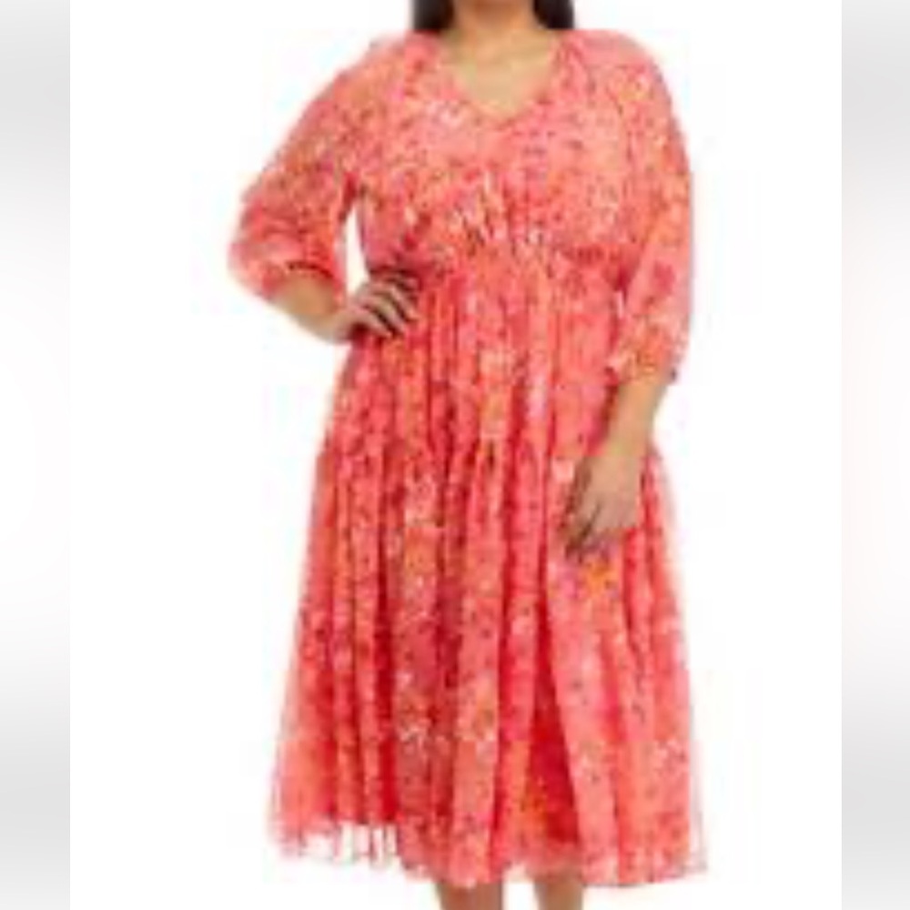 Julian Taylor Coral Floral Midi Dress‎